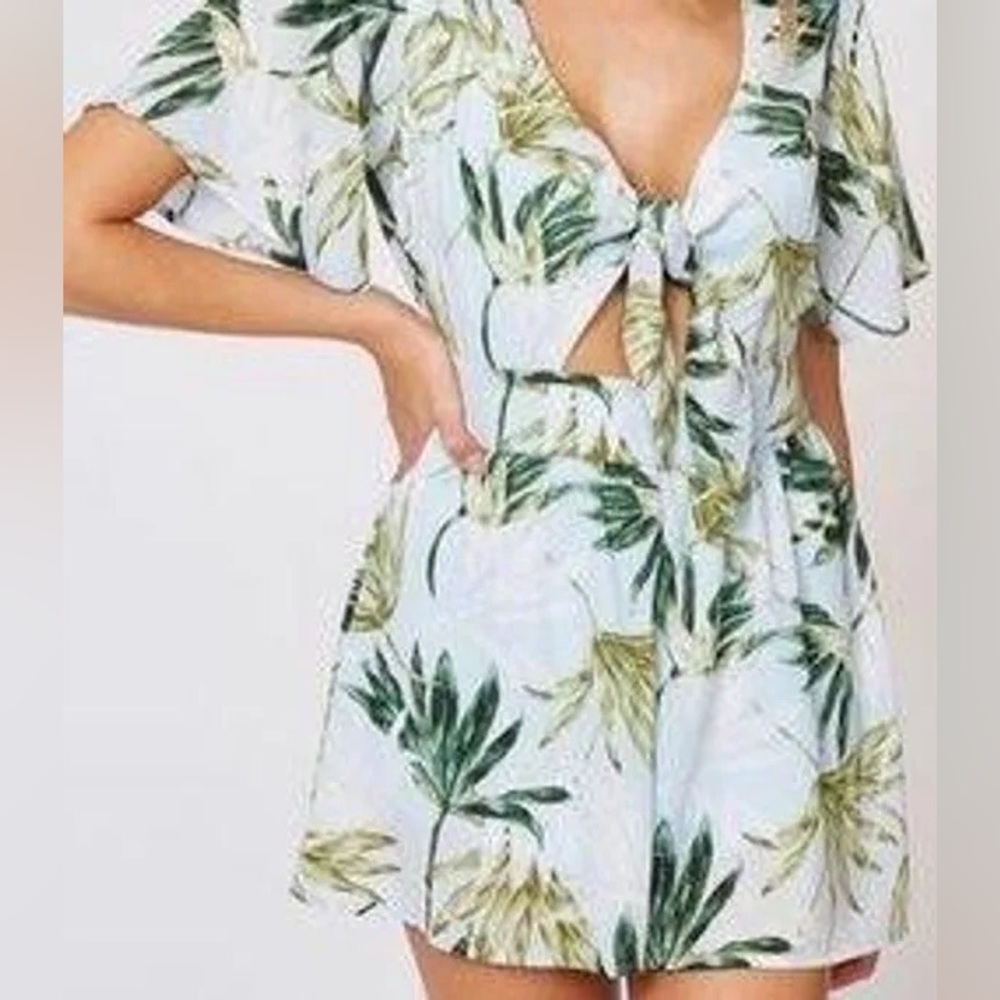 Peach Love- Blue Palm Leaf Cutout/Tie Front Romper-Large